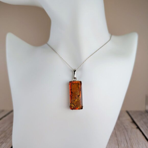 Vintage Cognac Amber Rectangle Pendant Necklace With Sterling Silver Chain - Picture 1 of 8